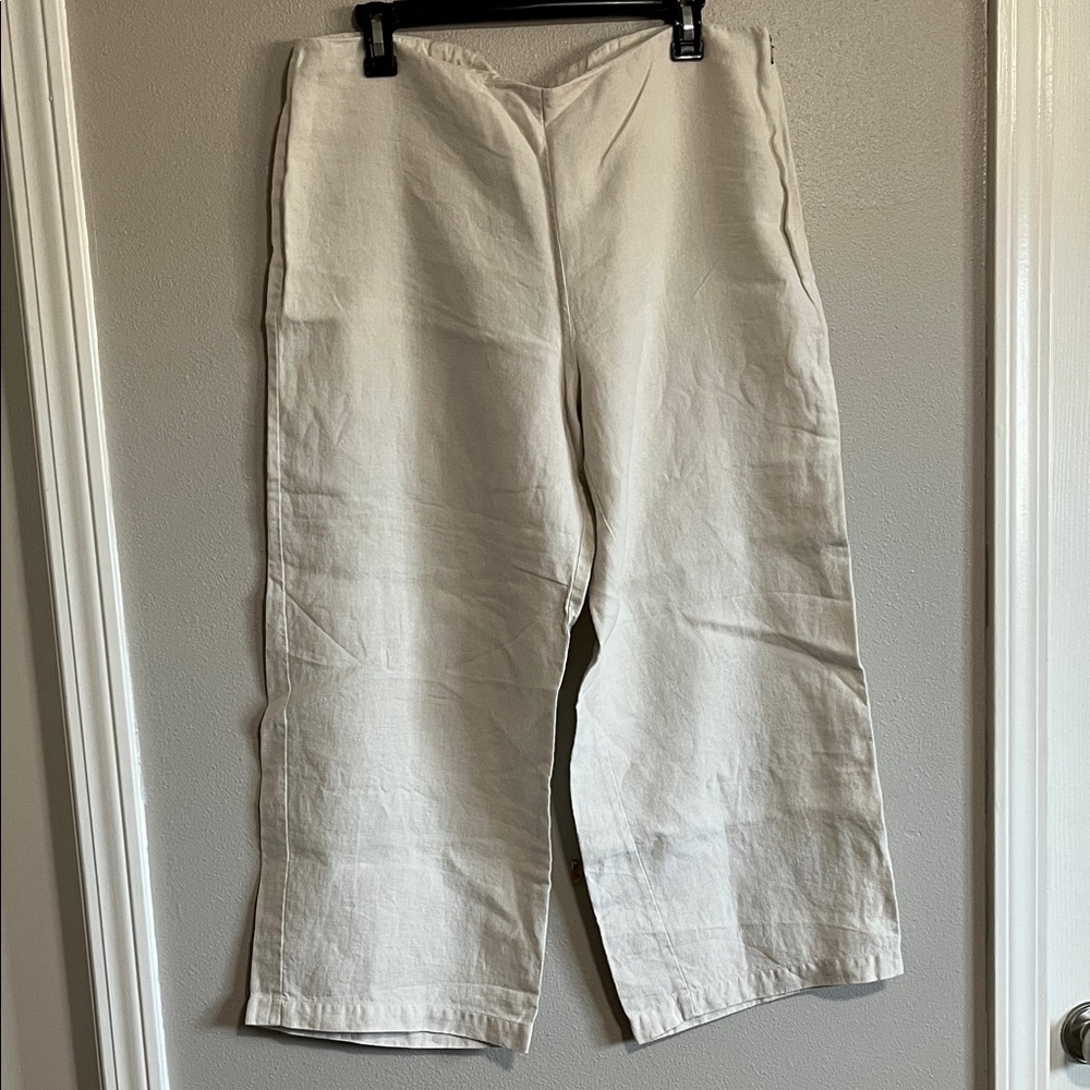 Eileen Fisher Cream Wide Leg  Cropped Linen Pants